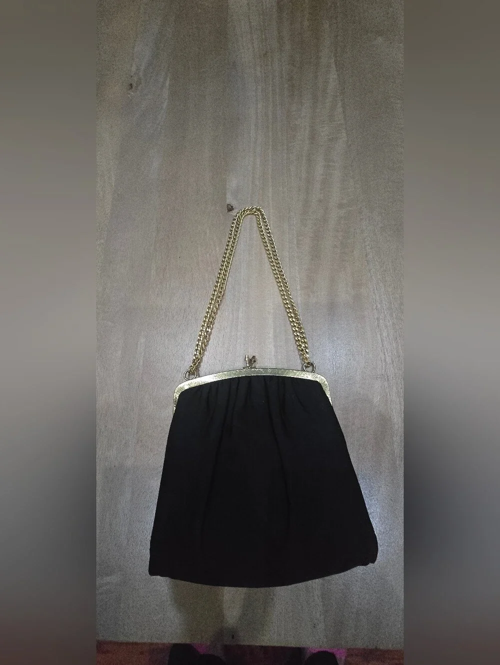Vintage 50s 60s Black Crepe Evening Clutch Bag Gold Chain Kiss Lock Purse